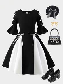 SHEIN Leap Crew Tween 女童蝴蝶结装饰拼色圆领荷叶边袖迷你连衣裙 - 黑與白 - 查看 2