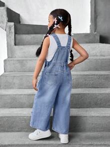 SHEIN Young Girl Blue Denim Overalls With Bow Design - Light Wash - View 2