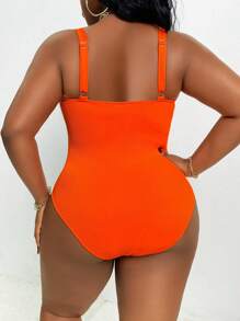 SHEIN Swim Curve Plus Size Women Summer Vacation Casual Solid Color One-Piece Swimsuit - Orange - View 2