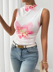 Chiquease Romantic Floral Print Asymmetric Ruched Camisole - Pink - View 3