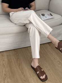 DAZY 男士纯色直筒休闲西装裤，夏季 - 杏色 - 查看 1