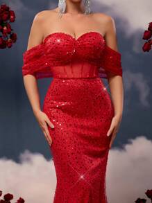 Glamrae 优雅红色奢华 3D 仿亮片露肩蝴蝶结装饰腰部网眼透视鱼尾礼服，带拖尾的婚礼宾客礼服，派对礼服，晚礼服