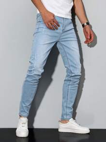 Manfinity Homme Men's Simple Ripped Pocket Casual Jeans, For Daily Wear - Light Wash - View 3