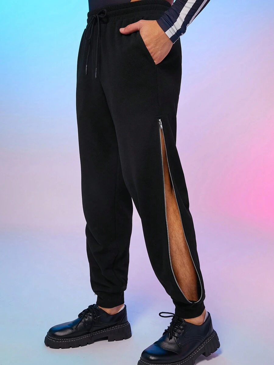 FeverCity Men's Loose Knitted Pants With Zipper Side Slit - Black - View 1