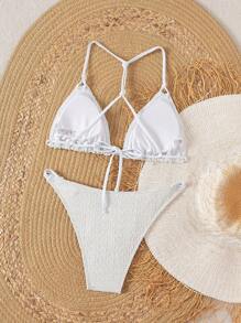 SHEIN Swim 2pcs/Set Women's New White Twist Tie Up Casual Holiday Bikini Swimwear Set, For Summer Beach Vacation - White - View 5