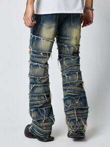 ROMWE MEN Grunge Punk Men's Grunge Button Front Pocket Frayed Edge Patchwork Casual Jeans