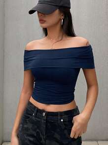 DAZY Women's Solid Color Minimalist Off-Shoulder Fitted Slim Tee,Crop Tops Women,Off Shoulder Top