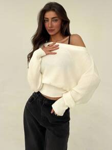 Aloruh Pullover holgado de punto con hombros oblicuos y flores 3D en beige, romántico para salidas, otoño/invierno