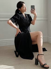 DAZY Women's Solid Color Short Sleeve Casual Slim Waist Mid-Length Dress Sundress - Black - View 6