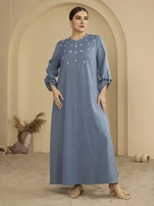 Graceveil Plus Size Fashion Embroidered Round Neck Elegant Dress - Blue - View 2