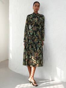 Aveloria Modichic Elegant Chiffon Contrast Color Floral Print Bowknot Waist Maxi Flared Dress For Women Fall Cloth For Women