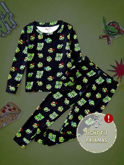 TEENAGE MUTANT NINJA TURTLES | SHEIN Young Boy Cartoon Letter Print Black Casual Long Sleeve Top And Pants Snug Fit Loungewear Pajamas Set, For Christmas