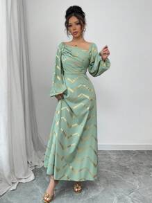 Modelyn Women's Elegant Gold Foil Print Lantern Sleeve Long Dress Fall Cloth For Women