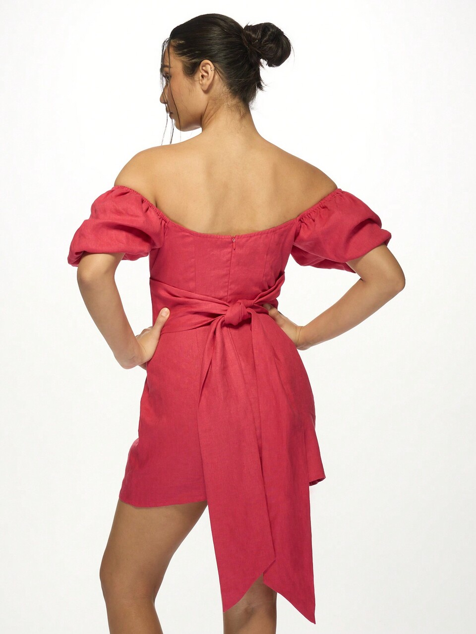MISSGUIDED Milkmaid Off-Shoulder Puff Sleeve Bow Back Linen Mini Dress Christmas