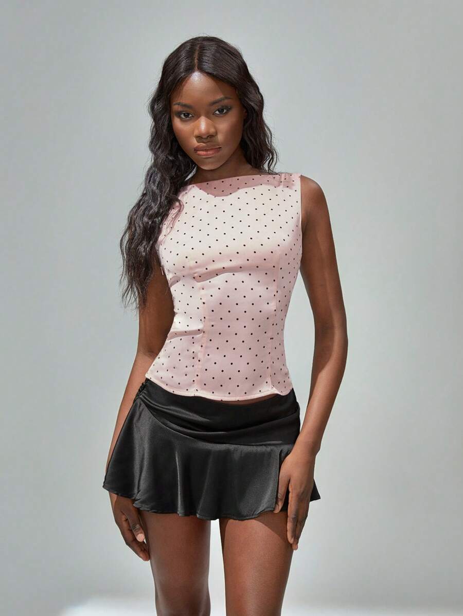 Flirla 复古时尚粉色波尔卡圆点印花无袖女式背心，春节 - 粉色 - 查看 1