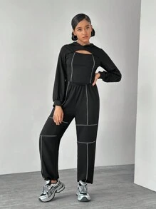 SHEIN Teen Girls Reflective Strip Black Pullover Hoodie & Sweatpants Set, Autumn Spring - Black - View 3