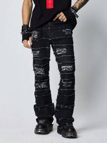 ROMWE MEN Grunge Punk 男士简约口袋毛边牛仔裤，休闲日常穿着 - 黑色 - 查看 5