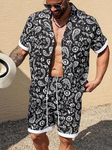 Manfinity RSRT Męski zestaw koszuli z krótkim rękawem i spodenkami w dużym rozmiarze Paisley Floral - Czarne - Zobacz 5