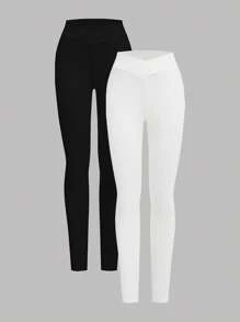 SHEIN Girlism 少女款腰部交叉设计罗纹紧身裤，买 1 送 2 - 黑與白 - 查看 1