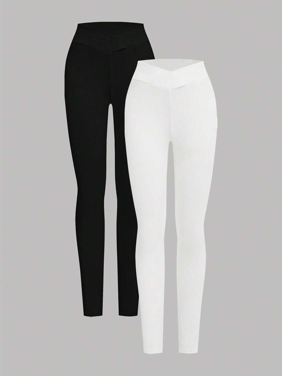 SHEIN Girlism 少女款腰部交叉设计罗纹紧身裤，买 1 送 2 - 黑與白 - 查看 1