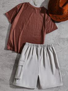 SHEIN Tween Boys 2pcs Sets - Khaki Funny English Letter Print T-Shirt Paired With Cargo Pants, Fashionable Streetwear Outfit, Suitable For Outdoor Activities And Daily Wear