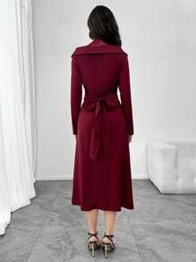 Modelyn Women Elegant Deep V-Neck Lapel Contrast Lace Slim Fit Midi Dress, Versatile Long Sleeve - Burgundy - View 2
