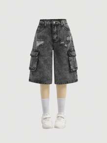 SHEIN Tween Girls Y2K Fashion Retro Stonewashed Flap Pocket Baggy Denim Cargo Jeans Long Shorts, Girls Fall Clothes Back To School Outfits - Light Grey - View 5