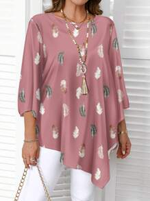 EMERY ROSE 休闲简约全印花粉色羽毛图案大码衬衫，春秋