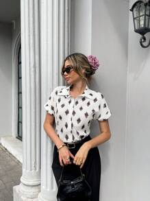 SHEIN ChicEase 女士波西米亚风黑白花卉印花肩部系带袖衬衫，春夏款 - 白色 - 查看 3