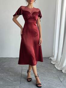 DAZY Ankle-Length Fitted Red Dress With Mesh Ruffle Trim, Suitable For Parties, Dates, And Nights Out Prom Dress Sundress Wedding Women Dresses Christmas - Burgundy - View 4