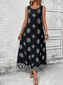 EMERY ROSE 女式复古花卉印花长款休闲连衣裙，夏季 - 黑與白 - 查看 4