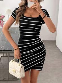 SHEIN LUNE Vestido ajustado de cuello cuadrado a rayas blancas y negras