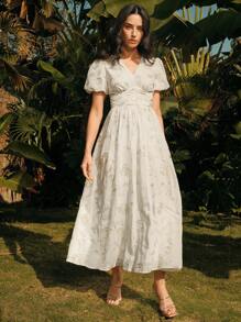 Anewsta Vestido elegante de manga larga con bordado para mujer, vestido formal, moda primaveral - Blanco - Ver 3