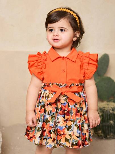 SHEIN Leap Crew Babygirl 夏季可爱假期橙色衬衫和碎花短裙套装