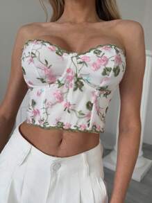 Aloruh Women Elegant Romantic Fashion 3D Floral Embroidery Mesh Bodycon Tank Top