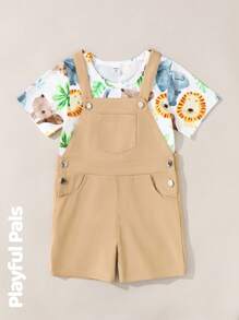 SHEIN Young Boy Animal Print Short Sleeve Top And Bib Shorts Set - Khaki - View 5