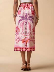 SHEIN TRVLCHIC Váy midi buộc dây phía trước in họa tiết nhiệt đới cho nữ, phong cách đi nghỉ - Hồng - Xem 2