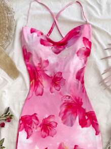 Soleia Women Floral Print Spaghetti Strap Backless Bodycon Dress - Red Violet - View 4