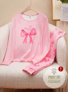 Tween Girl 紧身睡衣套装，带蝴蝶印花 - 长袖上衣和裤子 - 粉色 - 查看 1