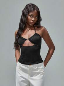 TRNVIE 时尚性感镂空挂脖黑色背心，度假装。节日装 - 黑色 - 查看 6