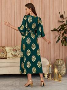 Al Najma Women's Solid Color Patchwork Print Casual Long Arabian Dress Kaftan Jalabiya Dress - Green - View 2