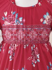 SHEIN 女婴新品可爱碎花 3/4 袖宽松腰连衣裙，酒红色，日常穿着母女套装（3 件单独出售） - 酒紅色 - 查看 8