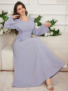 Modelyn Feather Decor Cinched Waist V-Neck Solid Color Elegant Long Sleeve Dress
