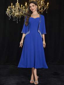 Modelyn Fringed Beaded Sash Cropped Top & Slip Dress, Solid Color - Blue - View 1