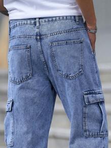 Manfinity Homme Men's Casual Washed Workwear Denim Pants - Light Wash - View 7