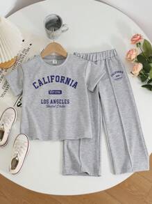 1 套年轻女孩休闲圆领落肩短袖 T 恤和简约条纹宽松裤，日常穿着 - 淺灰色 - 查看 3