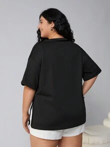 SHEIN EZwear Damen T-Shirt in Große Größen, schwarz, Kurzarm, V-Ausschnitt mit Tasche, Frühling/Sommer