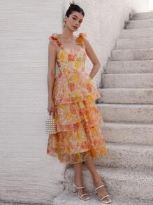 EMERY ROSE Váy voan họa tiết hoa thiết kế dây mảnh thanh lịch dành cho kỳ nghỉ và đi làm, có nơ và viền bèo nhún, phong cách thời trang bãi biển Boho mùa hè cho mùa xuân thu - Nhiều màu - Xem 6