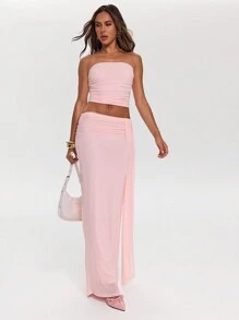 SHEIN BAE Conjunto elegante de top bandeau plisado de unicolor y falda con dobladillo de cola de sirena para mujer