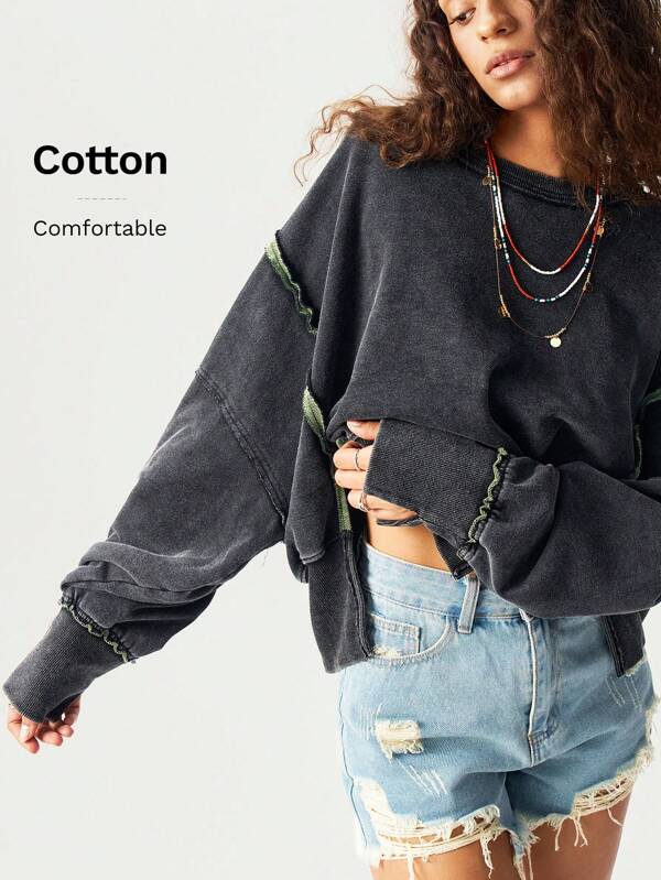 Bohemela Plus Size Contrast Trim Round Neck Distressed Graphic Long Sleeve Pullover Sweatshirt Autumn Winter Clothes For Women